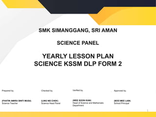 SMK SIMANGGANG, SRI AMAN
SCIENCE PANEL
YEARLY LESSON PLAN
SCIENCE KSSM DLP FORM 2
Prepared by,
(FHATIN AMIRA BINTI MUSA)
Science Teacher
Verified by,
(WEE SOON KIAN)
Head of Science and Mathematic
Department
Approved by,
(BOO MEE LIAN)
School Principal
1
Checked by,
(LING NEI CHEK)
Science Head Panel
 