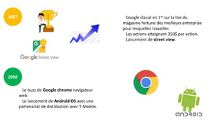 2008
2007 Google classé en 1er sur la lise du
magasine fortune des meilleurs entreprise
pour lesquelles travailler.
Les actions atteignant 350$ par action.
Lancement de street view.
Le buzz de Google chrome navigateur
web.
Le lancement de Android OS avec une
partenariat de distribution avec T-Mobile.
 