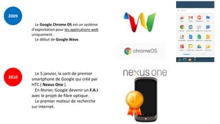 2009
2010
Le Google Chrome OS est un système
d'exploitation pour les applications web
uniquement.
Le début de Google Wave.
Le 5 janvier, la sorti de premier
smartphone de Google qui créé par
HTC ( Nexus One ).
En février, Google devenir un F.A.I
avec le projet de fibre optique.
Le premier moteur de recherche
sur internet.
 