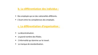 b. La différentiation des individus :
 Des employés qui on des nationalités différents.
 L'écart entre les compétences des employés.
c. La différentiation d’organisation :
 La décentralisation.
 Le grand nombre des filiales.
 L’informalité qui domine sur le travail.
 Le manque de standardisation.
 