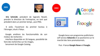 2001 2002
Eric Schmidt, président de logiciels Novell,
prendre la direction de l'entreprise, en tant que
président dans un premier temps , puis PDG.
6 août, l'ouverture du premier bureau à
l'étranger, situé à Tokyo.
Google améliore les fonctionnalités de son
moteur de recherche :
interface disponible en 26 langues, possibilité de
faire des recherches sur les images,
lancement de Google Catalog.
Google lance son programme publicitaire
self-service Adwords et se positionne sur le
marché des liens promotionnels.
Puis il lance Google News et Froogle.
 
