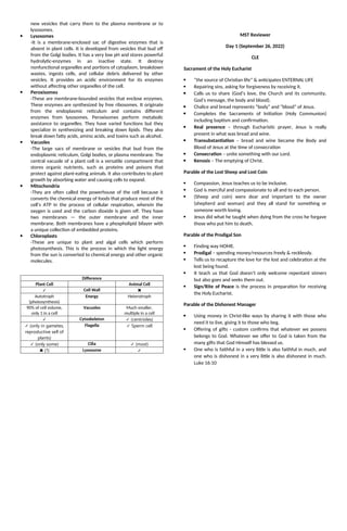 new vesicles that carry them to the plasma membrane or to
lysosomes.
 Lysosomes
-It is a membrane-enclosed sac of digestive enzymes that is
absent in plant cells. It is developed from vesicles that bud off
from the Golgi bodies. It has a very low pH and stores powerful
hydrolytic-enzymes in an inactive state. It destroy
nonfunctional organelles and portions of cytoplasm, breakdown
wastes, ingests cells, and cellular debris delivered by other
vesicles. It provides an acidic environment for its enzymes
without affecting other organelles of the cell.
 Peroxisomes
-These are membrane-bounded vesicles that enclose enzymes.
These enzymes are synthesized by free ribosomes. It originate
from the endoplasmic reticulum and contains different
enzymes from lysosomes. Peroxisomes perform metabolic
assistance to organelles. They have varied functions but they
specialize in synthesizing and breaking down lipids. They also
break down fatty acids, amino acids, and toxins such as alcohol.
 Vacuoles
-The large sacs of membrane or vesicles that bud from the
endoplasmic reticulum, Golgi bodies, or plasma membrane. The
central vacuole of a plant cell is a versatile compartment that
stores organic nutrients, such as proteins and poisons that
protect against plant-eating animals. It also contributes to plant
growth by absorbing water and causing cells to expand.
 Mitochondria
-They are often called the powerhouse of the cell because it
converts the chemical energy of foods that produce most of the
cell’s ATP in the process of cellular respiration, wherein the
oxygen is used and the carbon dioxide is given off. They have
two membranes — the outer membrane and the inner
membrane. Both membranes have a phospholipid bilayer with
a unique collection of embedded proteins.
 Chloroplasts
-These are unique to plant and algal cells which perform
photosynthesis. This is the process in which the light energy
from the sun is converted to chemical energy and other organic
molecules.
Difference
Plant Cell Animal Cell
✓ Cell Wall ✖
Autotroph
(photosynthesis)
Energy Heterotroph
90% of cell volume,
only 1 in a cell
Vacuoles Much smaller,
multiple in a cell
✓ Cytoskeleton (centrioles)
✓
(only in gametes,
✓
reproductive sell of
plants)
Flagella Sperm cell
✓
(only some)
✓ Cilia (most)
✓
(?)
✖ Lysosome ✓
MST Reviewer
Day 1 (September 26, 2022)
CLE
Sacrament of the Holy Eucharist
 “the source of Christian life” & anticipates ENTERNAL LIFE
 Repairing sins, asking for forgiveness by receiving it.
 Calls us to share (God’s love, the Church and its community,
God’s message, the body and blood).
 Chalice and bread represents “body” and “blood” of Jesus.
 Completes the Sacraments of Initiation (Holy Communion)
including baptism and confirmation.
 Real presence – through Eucharistic prayer, Jesus is really
present in what was bread and wine.
 Transubstantiation – bread and wine became the Body and
Blood of Jesus at the time of consecration
 Consecration – unite something with our Lord.
 Kenosis – The emptying of Christ.
Parable of the Lost Sheep and Lost Coin
 Compassion, Jesus teaches us to be inclusive.
 God is merciful and compassionate to all and to each person.
 (Sheep and coin) were dear and important to the owner
(shepherd and woman) and they all stand for something or
someone worth loving.
 Jesus did what he taught when dying from the cross he forgave
those who put him to death.
Parable of the Prodigal Son
 Finding way HOME.
 Prodigal – spending money/resources freely & recklessly.
 Tells us to recapture the love for the lost and celebration at the
lost being found.
 It teach us that God doesn’t only welcome repentant sinners
but also goes and seeks them out.
 Sign/Rite of Peace is the process in preparation for receiving
the Holy Eucharist.
Parable of the Dishonest Manager
 Using money in Christ-like ways by sharing it with those who
need it to live, giving it to those who beg.
 Offering of gifts - custom confirms that whatever we possess
belongs to God. Whatever we offer to God is taken from the
many gifts that God Himself has blessed us.
 One who is faithful in a very little is also faithful in much, and
one who is dishonest in a very little is also dishonest in much.
Luke 16:10
 