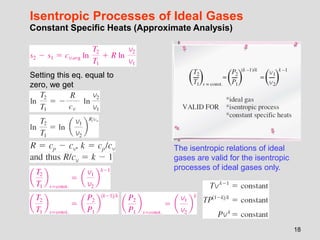 18
Isentropic Processes of Ideal Gases
Constant Specific Heats (Approximate Analysis)
Setting this eq. equal to
zero, we get
The isentropic relations of ideal
gases are valid for the isentropic
processes of ideal gases only.
 