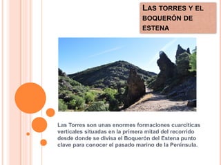 LAS TORRES Y EL
                               BOQUERÓN DE
                               ESTENA




Las Torres son unas enormes formaciones cuarcíticas
verticales situadas en la primera mitad del recorrido
desde donde se divisa el Boquerón del Estena punto
clave para conocer el pasado marino de la Península.
 