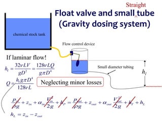 Flow control device
Small diameter tubing
Float valve and small tube
(Gravity dosing system)
hl
f 2 4
32 128
LV LQ
h
gD g D
 

 
4
f
128
h g D
Q
L



chemical stock tank
If laminar flow!
2 2
2 2
in in out out
in in P out out T L
p V p V
z h z h h
g g g g
 
 
       
L in out
h z z
 
Neglecting minor losses
Straight
^
 