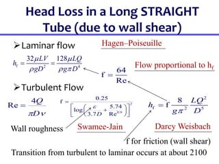 Head Loss in a Long STRAIGHT
Tube (due to wall shear)
Laminar flow
Turbulent Flow
f 2 4
32 128
LV LQ
h
gD g D
 
  
 
2
f 2 5
8
f
LQ
h
g D


2
0.9
0.25
f
5.74
log
3.7 Re
D


 
 

 
 
 
 

D
Q
4
Re 
Flow proportional to hf
f for friction (wall shear)
Transition from turbulent to laminar occurs at about 2100
Hagen–Poiseuille
Swamee-Jain Darcy Weisbach
64
f
Re

Wall roughness
 