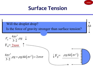 Surface Tension
h

Is the force of gravity stronger than surface tension?
2rs
Fs=
Fp=  
2
g h r
 

Will the droplet drop?
3
4
3 2
g
r
F g




 
3
2
4
2 r
3 2
r
g g h r

    s
  

extra
 