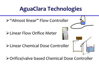 AguaClara Technologies
“Almost linear” Flow Controller
Linear Flow Orifice Meter
Linear Chemical Dose Controller
Orifice/valve based Chemical Dose Controller
H
20
19
18
17
16
15
14
13
12
11
10
9
8
7
6
5
4
3
2
1
0
0
5
1
0
1
5
2
0
2
5
3
0
3
5
4
0
4
5
5
0
5
5
6
0
6
5
7
0
7
5
8
0
8
5
9
0
9
5
1
0
0
 