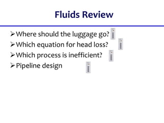Fluids Review
Where should the luggage go?
Which equation for head loss?
Which process is inefficient?
Pipeline design
 