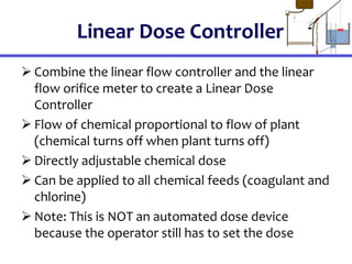 Linear Dose Controller
 Combine the linear flow controller and the linear
flow orifice meter to create a Linear Dose
Controller
 Flow of chemical proportional to flow of plant
(chemical turns off when plant turns off)
 Directly adjustable chemical dose
 Can be applied to all chemical feeds (coagulant and
chlorine)
 Note: This is NOT an automated dose device
because the operator still has to set the dose
H
20
19
18
17
16
15
14
13
12
11
10
9
8
7
6
5
4
3
2
1
0
0
5
1
0
1
5
2
0
2
5
3
0
3
5
4
0
4
5
5
0
5
5
6
0
6
5
7
0
7
5
8
0
8
5
9
0
9
5
1
0
0
 