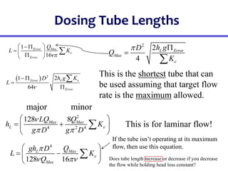 Dosing Tube Lengths
1
16
Error Max
e
Error
Q
L K

 
 
  

 

2
2
4
L Error
Max
e
h g
D
Q
K
 


  2
2
1
64
L e
Error
Error
h g K
D
L





This is the shortest tube that can
be used assuming that target flow
rate is the maximum allowed.
2
4 2 4
128 8
Max Max
L e
LQ Q
h K
g D g D

 
 
 
 
 

4
128 16
Max
L
e
Max
Q
gh D
L K
Q

 
 
 
 
 

This is for laminar flow!
major minor
If the tube isn’t operating at its maximum
flow, then use this equation.
Does tube length increase or decrease if you decrease
the flow while holding head loss constant?
 