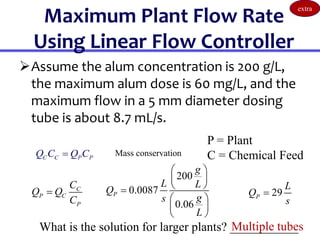 Maximum Plant Flow Rate
Using Linear Flow Controller
Assume the alum concentration is 200 g/L,
the maximum alum dose is 60 mg/L, and the
maximum flow in a 5 mm diameter dosing
tube is about 8.7 mL/s.
C C P P
Q C Q C
 Mass conservation
P = Plant
C = Chemical Feed
What is the solution for larger plants? ___________
Multiple tubes
C
P C
P
C
Q Q
C

200
0.0087
0.06
P
g
L L
Q
g
s
L
 
 
 

 
 
 
29
P
L
Q
s

extra
 