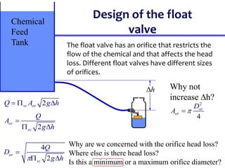 Design of the float
valve
The float valve has an orifice that restricts the
flow of the chemical and that affects the head
loss. Different float valves have different sizes
of orifices.
2
vc or
Q A g h
  
Chemical
Feed
Tank
h

2
or
vc
Q
A
g h

 
Why are we concerned with the orifice head loss?
Where else is there head loss?
Is this a minimum or a maximum orifice diameter?
2
4
or
or
D
A 

4
2
or
vc
Q
D
g h


 
Why not
increase h?
 