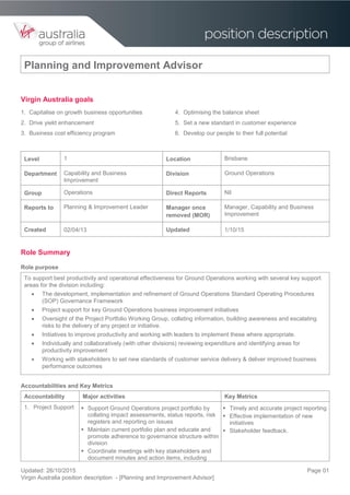 Updated: 26/10/2015
Virgin Australia position description - [Planning and Improvement Advisor]
Page 01
Virgin Australia goals
1. Capitalise on growth business opportunities
2. Drive yield enhancement
3. Business cost efficiency program
4. Optimising the balance sheet
5. Set a new standard in customer experience
6. Develop our people to their full potential
Level 1 Location Brisbane
Department Capability and Business
Improvement
Division Ground Operations
Group Operations Direct Reports Nil
Reports to Planning & Improvement Leader Manager once
removed (MOR)
Manager, Capability and Business
Improvement
Created 02/04/13 Updated 1/10/15
Role Summary
Role purpose
To support best productivity and operational effectiveness for Ground Operations working with several key support
areas for the division including:
 The development, implementation and refinement of Ground Operations Standard Operating Procedures
(SOP) Governance Framework
 Project support for key Ground Operations business improvement initiatives
 Oversight of the Project Portfolio Working Group, collating information, building awareness and escalating
risks to the delivery of any project or initiative.
 Initiatives to improve productivity and working with leaders to implement these where appropriate.
 Individually and collaboratively (with other divisions) reviewing expenditure and identifying areas for
productivity improvement
 Working with stakeholders to set new standards of customer service delivery & deliver improved business
performance outcomes
Accountabilities and Key Metrics
Accountability Major activities Key Metrics
1. Project Support  Support Ground Operations project portfolio by
collating impact assessments, status reports, risk
registers and reporting on issues
 Maintain current portfolio plan and educate and
promote adherence to governance structure within
division
 Coordinate meetings with key stakeholders and
document minutes and action items, including
 Timely and accurate project reporting
 Effective implementation of new
initiatives
 Stakeholder feedback.
Planning and Improvement Advisor
 