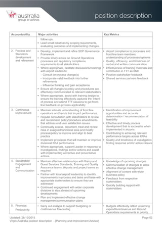 Updated: 26/10/2015
Virgin Australia position description - [Planning and Improvement Advisor]
Page 02
Accountability Major activities Key Metrics
follow ups.
 Lead small initiatives by scoping requirements,
evaluating outcomes and implementing changes.
2. Process and
Standards
development
and refinement
 Develop, implement and refine SOP Governance
Framework
 Provide timely advice on Ground Operations
processes and regulatory compliance
requirements to all stakeholders
 Where appropriate, facilitate discussions/meetings
with airport leaders to:
- Consult on process change(s)
- Incorporate valid feedback into further
refinements
- Influence thinking and gain acceptance
 Ensure all changes to policy and procedures are
effectively communicated to relevant stakeholders
 Where appropriate, assist with training design to
ensure the training effectively captures the ‘intent’
of process and attend TTT sessions to get front-
line feedback on process applicability
 Airport compliance to processes and
front line team members
understanding of processes/systems
 Quality, efficiency, and timeliness of
verbal and written communication
 Effectiveness of training materials and
contribution in TTT as SME
 Positive stakeholder feedback
 Shared services partners feedback
3. Continuous
Improvement
 Maintain intimate understanding of front line
operations and trends that impact performance.
 Regular consultation with stakeholders to review
and recommend policy/procedure amendments
that address end user satisfaction issues.
 Continually assess, document, treat and review
risks in assigned functional area and modify
process/policy to improve and align to best
practice
 Implement processes that will maintain or improve
divisional KRA performance
 Where appropriate, support Leader in response to
investigations, findings and/or actions and assist
with implementing corrective and preventative
actions.
 Identification of improvement
opportunities and accurate
determination / recommendation of
feasibility
 Effective and timely process
development that is successful when
implemented in airports.
 Contributing to achieving relevant
performance targets across KRAs
 Quality and timeliness of investigation
finding response and/or action closure
4. Stakeholder
Engagement
and
Communication
 Maintain effective relationships with Ramp and
Guest Services Standards, Training and Quality
Assurance teams, Airports and project teams as
required
 Partner with local airport leadership to identify
improvements in process and tasks and liaise with
appropriate stakeholders to ensure they are
addressed
 Continued engagement with wider corporate
divisions to stay abreast of upcoming
developments
 Plan and implement effective change
management communication plans
 Knowledge of upcoming changes
 Communication of changes to allow
effective change management
 Alignment of content with wider
business policy
 Feedback from respective
stakeholders
 Quickly building rapport with
stakeholders
5. Financial:
Productivity
 Carry out analysis to support budgeting or
cost/revenue forecasting
 Budgets effectively reflect upcoming
expenditure/revenue and Ground
Operations requirements in priority
 