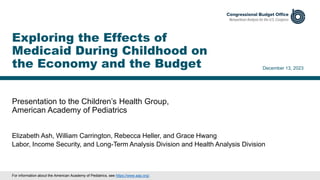 Presentation to the Children’s Health Group,
American Academy of Pediatrics
December 13, 2023
Elizabeth Ash, William Carrington, Rebecca Heller, and Grace Hwang
Labor, Income Security, and Long-Term Analysis Division and Health Analysis Division
Exploring the Effects of
Medicaid During Childhood on
the Economy and the Budget
For information about the American Academy of Pediatrics, see https://www.aap.org/.
 