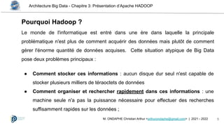Architecture Big Data - Chapitre 3: Présentation d’Apache HADOOP
5
M. ONDAPHE Christian Arthur <arthurondaphe@gmail.com> | 2021 - 2022
Le monde de l'informatique est entré dans une ère dans laquelle la principale
problématique n'est plus de comment acquérir des données mais plutôt de comment
gérer l'énorme quantité de données acquises. Cette situation atypique de Big Data
pose deux problèmes principaux :
● Comment stocker ces informations : aucun disque dur seul n'est capable de
stocker plusieurs milliers de téraoctets de données
● Comment organiser et rechercher rapidement dans ces informations : une
machine seule n'a pas la puissance nécessaire pour effectuer des recherches
suffisamment rapides sur les données ;
Pourquoi Hadoop ?
 