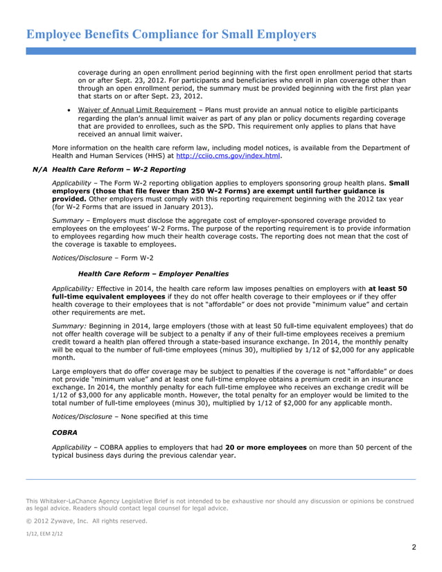59828 Employee Benefits Compliance Checklist For Small Employers 021312 59828 Employee Benefits Compliance Checklist For Small Employers 021312