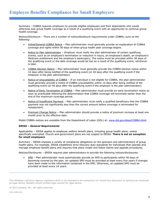 59828 Employee Benefits Compliance Checklist For Small Employers 021312 59828 Employee Benefits Compliance Checklist For Small Employers 021312