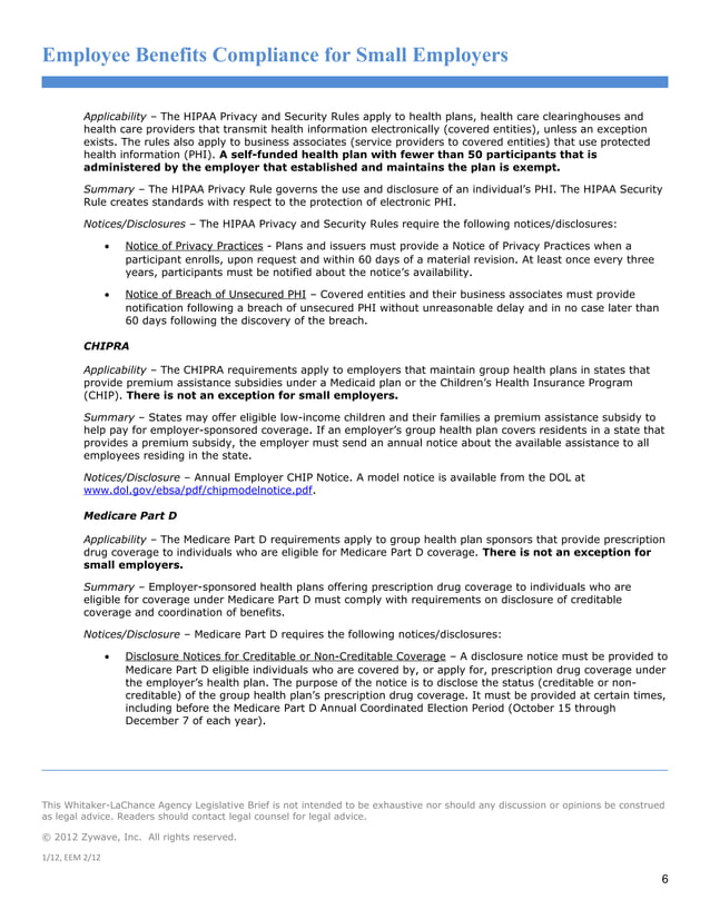 59828 Employee Benefits Compliance Checklist For Small Employers 021312 59828 Employee Benefits Compliance Checklist For Small Employers 021312