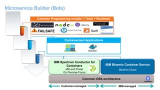 Microservice Builder (Beta)
Common OSS architecture
IBM Spectrum Conductor for
Containers
x86 and Power
On Premise Focus
Customer-managed IBM-managed
Common Programming models + Tools + Runtimes
SwiftFAILSAFE
IBM Bluemix Container Service
Bluemix Cloud
Containerized Applications
> bx dev create …
 