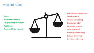 Pros and Cons
Agility
Runtime scalability
Development scalability
Resilience
Technical heterogeneity
Operational complexity
DevOps skills
Service versioning
Duplicated effort
Increased latency
Fault tolerance
Eventual consistency
Service discovery
End-to-end testing
 