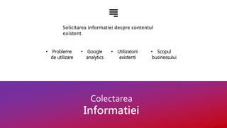 Solicitarea informatiei despre contentul
existent
Colectarea
Informatiei
• Probleme
de utilizare
• Google
analytics
• Utilizatorii
existenti
• Scopul
businessului
 
