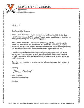 Brian Boland Reference Letter - UVA Head Men's Tennis Coach