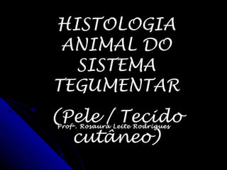 HISTOLOGIAHISTOLOGIA
ANIMAL DOANIMAL DO
SISTEMASISTEMA
TEGUMENTARTEGUMENTAR
(Pele / Tecido(Pele / Tecido
cutâneo)cutâneo)
ProfProfaa
. Rosaura Leite Rodrigues. Rosaura Leite Rodrigues
 