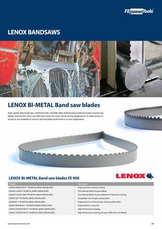 www.fepowertools.com 23
LENOX BI-METAL Band saw blades FE 900
Product		 Description	
LENOX DIEMASTER 2 ® BI-METAL BAND SAW...
