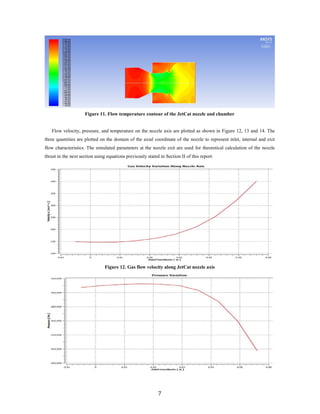 Figure 11. Flow temperature contour of the JetCat nozzle and chamber
Flow velocity, pressure, and temperature on the nozzle axis are plotted as shown in Figure 12, 13 and 14. The
three quantities are plotted on the domain of the axial coordinate of the nozzle to represent inlet, internal and exit
flow characteristics. The simulated parameters at the nozzle exit are used for theoretical calculation of the nozzle
thrust in the next section using equations previously stated in Section II of this report.
Figure 12. Gas flow velocity along JetCat nozzle axis
7
 