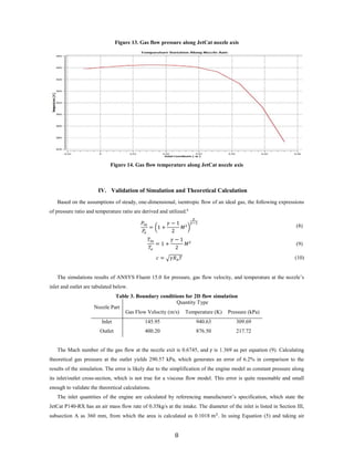 Figure 13. Gas flow pressure along JetCat nozzle axis
Figure 14. Gas flow temperature along JetCat nozzle axis
IV. Validation of Simulation and Theoretical Calculation
Based on the assumptions of steady, one-dimensional, isentropic flow of an ideal gas, the following expressions
of pressure ratio and temperature ratio are derived and utilized.6
𝑃𝑃𝑖𝑖 𝑖𝑖
𝑃𝑃𝑒𝑒
= �1 +
𝛾𝛾 − 1
2
𝑀𝑀2
�
𝛾𝛾
𝛾𝛾−1
(8)
𝑇𝑇𝑖𝑖 𝑖𝑖
𝑇𝑇𝑒𝑒
= 1 +
𝛾𝛾 − 1
2
𝑀𝑀2
(9)
𝑐𝑐 = �𝛾𝛾𝑅𝑅𝑎𝑎 𝑇𝑇 (10)
The simulations results of ANSYS Fluent 15.0 for pressure, gas flow velocity, and temperature at the nozzle’s
inlet and outlet are tabulated below.
Table 3. Boundary conditions for 2D flow simulation
Nozzle Part
Quantity Type
Gas Flow Velocity (m/s) Temperature (K) Pressure (kPa)
Inlet 145.95 940.63 309.69
Outlet 400.20 876.50 217.72
The Mach number of the gas flow at the nozzle exit is 0.6745, and 𝛾𝛾 is 1.369 as per equation (9). Calculating
theoretical gas pressure at the outlet yields 290.57 kPa, which generates an error of 6.2% in comparison to the
results of the simulation. The error is likely due to the simplification of the engine model as constant pressure along
its inlet/outlet cross-section, which is not true for a viscous flow model. This error is quite reasonable and small
enough to validate the theoretical calculations.
The inlet quantities of the engine are calculated by referencing manufacturer’s specification, which state the
JetCat P140-RX has an air mass flow rate of 0.35kg/s at the intake. The diameter of the inlet is listed in Section III,
subsection A as 360 mm, from which the area is calculated as 0.1018 m3
. In using Equation (5) and taking air
8
 