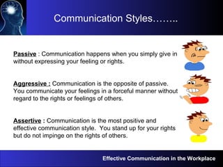 Effective Communication in the Workplace
Communication Styles……..
Passive : Communication happens when you simply give in
without expressing your feeling or rights.
Aggressive : Communication is the opposite of passive.
You communicate your feelings in a forceful manner without
regard to the rights or feelings of others.
Assertive : Communication is the most positive and
effective communication style. You stand up for your rights
but do not impinge on the rights of others.
 