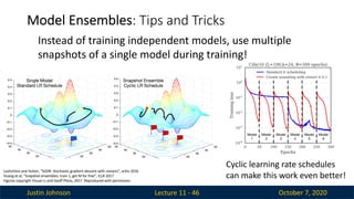Justin Johnson October 7, 2020
Cyclic learning rate schedules
can make this work even better!
Model Ensembles: Tips and Tricks
Lecture 11 - 46
Instead of training independent models, use multiple
snapshots of a single model during training!
Loshchilov and Hutter, “SGDR: Stochastic gradient descent with restarts”, arXiv 2016
Huang et al, “Snapshot ensembles: train 1, get M for free”, ICLR 2017
Figures copyright Yixuan Li and Geoff Pleiss, 2017. Reproduced with permission.
 