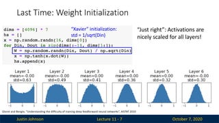 Justin Johnson October 7, 2020
Last Time: Weight Initialization
Lecture 11 - 7
“Just right”: Activations are
nicely scaled for all layers!
“Xavier” initialization:
std = 1/sqrt(Din)
Glorot and Bengio, “Understanding the difficulty of training deep feedforward neural networks”, AISTAT 2010
 
