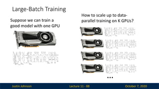 Justin Johnson October 7, 2020
Large-Batch Training
Lecture 11 - 88
…
Suppose we can train a
good model with one GPU
How to scale up to data-
parallel training on K GPUs?
 