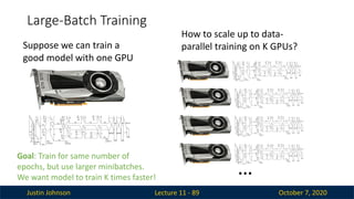 Justin Johnson October 7, 2020
Large-Batch Training
Lecture 11 - 89
…
Suppose we can train a
good model with one GPU
How to scale up to data-
parallel training on K GPUs?
Goal: Train for same number of
epochs, but use larger minibatches.
We want model to train K times faster!
 