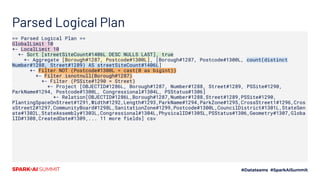 Parsed Logical Plan
== Parsed Logical Plan ==
GlobalLimit 10
+- LocalLimit 10
+- Sort [streetSiteCount#1406L DESC NULLS LAST], true
+- Aggregate [Borough#1287, Postcode#1300L], [Borough#1287, Postcode#1300L, count(distinct
Number#1288, Street#1289) AS streetSiteCount#1406L]
+- Filter NOT (Postcode#1300L = cast(0 as bigint))
+- Filter isnotnull(Borough#1287)
+- Filter (PSSite#1290 = Street)
+- Project [OBJECTID#1286L, Borough#1287, Number#1288, Street#1289, PSSite#1290,
ParkName#1294, Postcode#1300L, Congressional#1304L, PSStatus#1306]
+- Relation[OBJECTID#1286L,Borough#1287,Number#1288,Street#1289,PSSite#1290,
PlantingSpaceOnStreet#1291,Width#1292,Length#1293,ParkName#1294,ParkZone#1295,CrossStreet1#1296,Cros
sStreet2#1297,CommunityBoard#1298L,SanitationZone#1299,Postcode#1300L,CouncilDistrict#1301L,StateSen
ate#1302L,StateAssembly#1303L,Congressional#1304L,PhysicalID#1305L,PSStatus#1306,Geometry#1307,Globa
lID#1308,CreatedDate#1309,... 11 more fields] csv
 