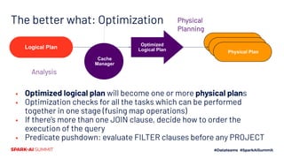 The better what: Optimization
▪
▪ Optimized logical plan will become one or more physical plans
▪ Optimization checks for all the tasks which can be performed
together in one stage (fusing map operations)
▪ If there’s more than one JOIN clause, decide how to order the
execution of the query
▪ Predicate pushdown: evaluate FILTER clauses before any PROJECT
Logical Plan
Physical Plan
Physical Plan
Physical Plan
Optimized
Logical Plan
Physical
Planning
Cache
Manager
Analysis
 
