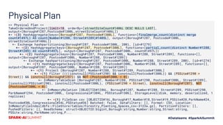 Physical Plan
== Physical Plan ==
TakeOrderedAndProject(limit=10, orderBy=[streetSiteCount#1406L DESC NULLS LAST],
output=[Borough#1287,Postcode#1300L,streetSiteCount#1406L])
+- *(3) HashAggregate(keys=[Borough#1287, Postcode#1300L], functions=[finalmerge_count(distinct merge
count#1497L) AS count(Number#1288, Street#1289)#1405L], output=[Borough#1287, Postcode#1300L,
streetSiteCount#1406L])
+- Exchange hashpartitioning(Borough#1287, Postcode#1300L, 200), [id=#1279]
+- *(2) HashAggregate(keys=[Borough#1287, Postcode#1300L], functions=[partial_count(distinct Number#1288,
Street#1289) AS count#1497L], output=[Borough#1287, Postcode#1300L, count#1497L])
+- *(2) HashAggregate(keys=[Borough#1287, Postcode#1300L, Number#1288, Street#1289], functions=[],
output=[Borough#1287, Postcode#1300L, Number#1288, Street#1289])
+- Exchange hashpartitioning(Borough#1287, Postcode#1300L, Number#1288, Street#1289, 200), [id=#1274]
+- *(1) HashAggregate(keys=[Borough#1287, Postcode#1300L, Number#1288, Street#1289], functions=[],
output=[Borough#1287, Postcode#1300L, Number#1288, Street#1289])
+- *(1) Project [Borough#1287, Number#1288, Street#1289, Postcode#1300L]
+- *(1) Filter ((((isnotnull(PSSite#1290) && isnotnull(Postcode#1300L)) && (PSSite#1290 =
Street)) && isnotnull(Borough#1287)) && NOT (Postcode#1300L = 0))
+- InMemoryTableScan [Borough#1287, Number#1288, PSSite#1290, Postcode#1300L, Street#1289],
[isnotnull(PSSite#1290), isnotnull(Postcode#1300L), (PSSite#1290 = Street), isnotnull(Borough#1287), NOT
(Postcode#1300L = 0)]
+- InMemoryRelation [OBJECTID#1286L, Borough#1287, Number#1288, Street#1289, PSSite#1290,
ParkName#1294, Postcode#1300L, Congressional#1304L, PSStatus#1306], StorageLevel(disk, memory, deserialized, 1
replicas)
+- *(1) FileScan csv [OBJECTID#16L,Borough#17,Number#18,Street#19,PSSite#20,ParkName#24,
Postcode#30L,Congressional#34L,PSStatus#36] Batched: false, DataFilters: [], Format: CSV, Location:
InMemoryFileIndex[dbfs:/FileStore/tables/Forestry_Planting_Spaces_csv-3123a.gz], PartitionFilters: [],
PushedFilters: [], ReadSchema: struct<OBJECTID:bigint,Borough:string,Number:string,Street:string,
PSSite:string,ParkName:string,P...
 