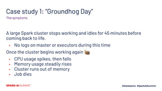 Case study 1: “Groundhog Day”
A large Spark cluster stops working and idles for 45 minutes before
coming back to life.
▪ No logs on master or executors during this time
Once the cluster begins working again 🐌
▪ CPU usage spikes, then falls
▪ Memory usage steadily rises
▪ Cluster runs out of memory
▪ Job dies
The symptoms
 