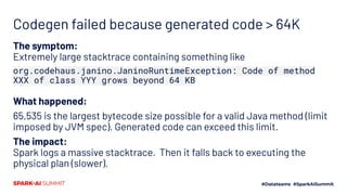 Codegen failed because generated code > 64K
The symptom:
Extremely large stacktrace containing something like
org.codehaus.janino.JaninoRuntimeException: Code of method
XXX of class YYY grows beyond 64 KB
What happened:
65,535 is the largest bytecode size possible for a valid Java method (limit
imposed by JVM spec). Generated code can exceed this limit.
The impact:
Spark logs a massive stacktrace. Then it falls back to executing the
physical plan (slower).
 