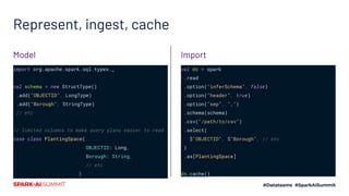Represent, ingest, cache
import org.apache.spark.sql.types._
val schema = new StructType()
.add("OBJECTID", LongType)
.add("Borough", StringType)
// etc
// limited columns to make query plans easier to read
case class PlantingSpace(
OBJECTID: Long,
Borough: String,
// etc
)
val ds = spark
.read
.option("inferSchema", false)
.option("header", true)
.option("sep", ",")
.schema(schema)
.csv("/path/to/csv")
.select(
$"OBJECTID", $"Borough", // etc
)
.as[PlantingSpace]
ds.cache()
ImportModel
 