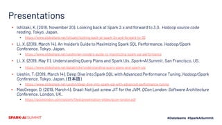 Presentations
▪ Ishizaki, K. (2018, November 20). Looking back at Spark 2.x and forward to 3.0. Hadoop source code
reading. Tokyo, Japan.
▪ https://www.slideshare.net/ishizaki/looking-back-at-spark-2x-and-forward-to-30
▪ Li, X. (2019, March 14). An Insider’s Guide to Maximizing Spark SQL Performance. Hadoop/Spark
Conference. Tokyo, Japan.
▪ https://www.slideshare.net/ueshin/an-insiders-guide-to-maximizing-spark-sql-performance
▪ Li, X. (2019, May 11). Understanding Query Plans and Spark UIs. Spark+AI Summit. San Francisco, US.
▪ https://www.slideshare.net/databricks/understanding-query-plans-and-spark-uis
▪ Ueshin, T. (2019, March 14). Deep Dive into Spark SQL with Advanced Performance Tuning. Hadoop/Spark
Conference. Tokyo, Japan. (日本語)
▪ https://www.slideshare.net/ueshin/deep-dive-into-spark-sql-with-advanced-performance-tuning
▪ MacGregor, D. (2019, March 4). Graal: Not just a new JIT for the JVM. QCon London: Software Architecture
Conference. London, UK.
▪ https://qconlondon.com/system/ﬁles/presentation-slides/qcon-london.pdf
 