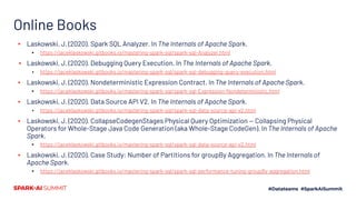 Online Books
▪ Laskowski, J. (2020). Spark SQL Analyzer. In The Internals of Apache Spark.
▪ https://jaceklaskowski.gitbooks.io/mastering-spark-sql/spark-sql-Analyzer.html
▪ Laskowski, J. (2020). Debugging Query Execution. In The Internals of Apache Spark.
▪ https://jaceklaskowski.gitbooks.io/mastering-spark-sql/spark-sql-debugging-query-execution.html
▪ Laskowski, J. (2020). Nondeterministic Expression Contract. In The Internals of Apache Spark.
▪ https://jaceklaskowski.gitbooks.io/mastering-spark-sql/spark-sql-Expression-Nondeterministic.html
▪ Laskowski, J. (2020). Data Source API V2. In The Internals of Apache Spark.
▪ https://jaceklaskowski.gitbooks.io/mastering-spark-sql/spark-sql-data-source-api-v2.html
▪ Laskowski, J. (2020). CollapseCodegenStages Physical Query Optimization — Collapsing Physical
Operators for Whole-Stage Java Code Generation (aka Whole-Stage CodeGen). In The Internals of Apache
Spark.
▪ https://jaceklaskowski.gitbooks.io/mastering-spark-sql/spark-sql-data-source-api-v2.html
▪ Laskowski, J. (2020). Case Study: Number of Partitions for groupBy Aggregation. In The Internals of
Apache Spark.
▪ https://jaceklaskowski.gitbooks.io/mastering-spark-sql/spark-sql-performance-tuning-groupBy-aggregation.html
 