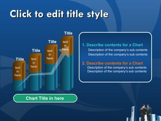 Click to edit title style 1. Describe contents for a Chart  Description of the company’s sub contents Description of the company’s sub contents 2. Describe contents for a Chart  Description of the company’s sub contents Description of the company’s sub contents Title Title Title Title Chart Title in here text in here text in here text in here text in here 
