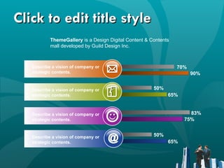 Click to edit title style Describe a vision of company or strategic contents. Describe a vision of company or strategic contents. Describe a vision of company or strategic contents. Describe a vision of company or strategic contents. 70% 50% 83% 90% 65% 75% 50% 65% ThemeGallery  is a Design Digital Content & Contents mall developed by Guild Design Inc. 