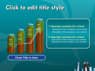 Click to edit title style 1. Describe contents for a Chart  Description of the company’s sub contents Description of the company’s sub contents 2. Describe contents for a Chart   Description of the company’s sub contents Description of the company’s sub contents Title Title Title Title Chart Title in here text in here text in here text in here text in here 