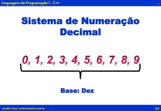 011claudio_cesar_cordeiro@yahoo.com.br
.
.
Linguagem de Programação I - C++
Sistema de Numeração
Decimal
Base: Dez
 