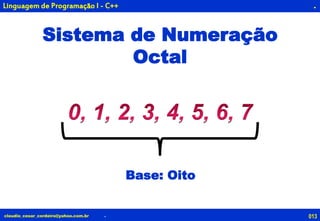 013claudio_cesar_cordeiro@yahoo.com.br
.
.
Linguagem de Programação I - C++
Sistema de Numeração
Octal
Base: Oito
 